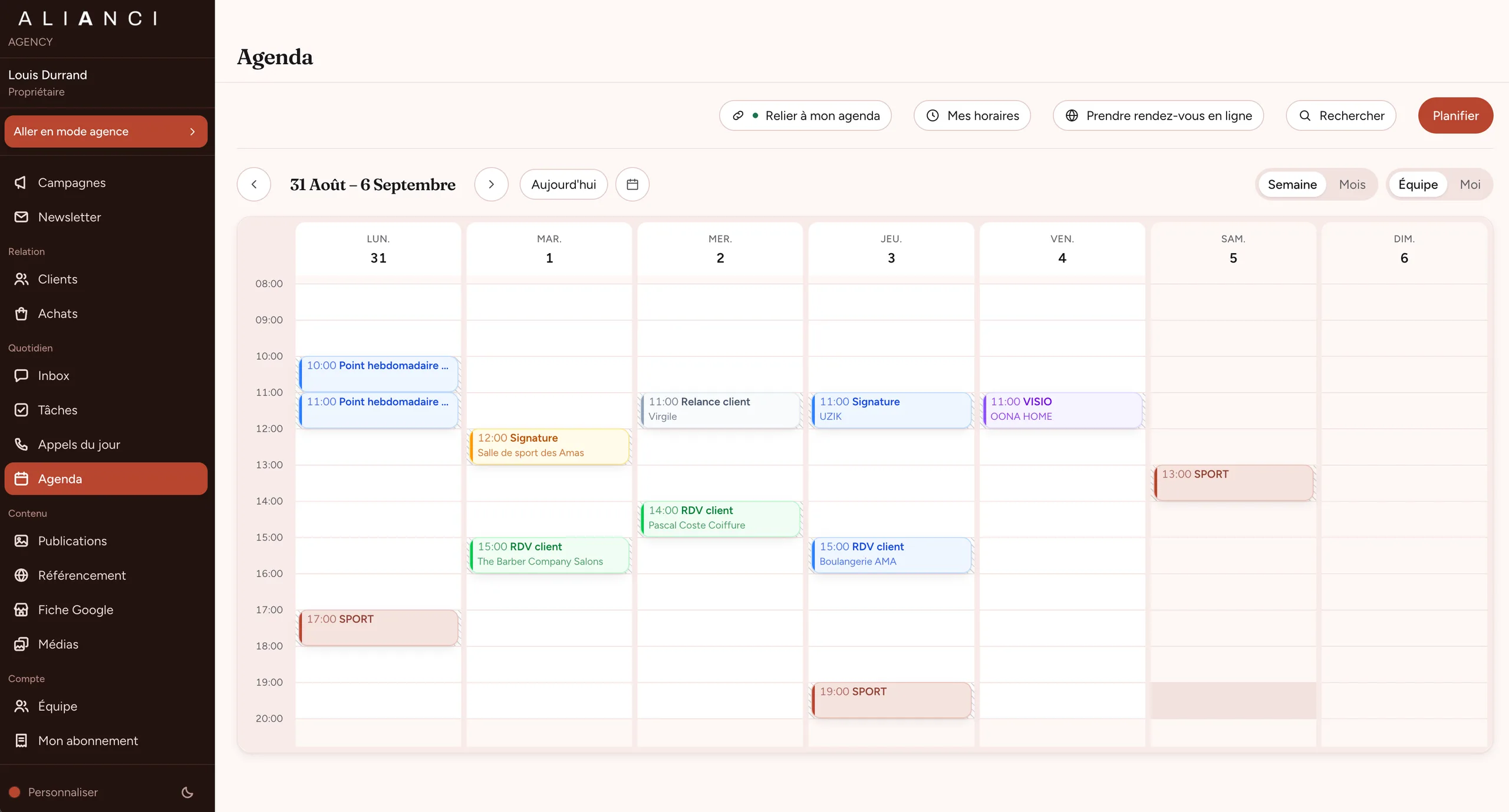 L’agenda d’Alianci : une semaine partagée, rendez-vous clients, signatures et visios.